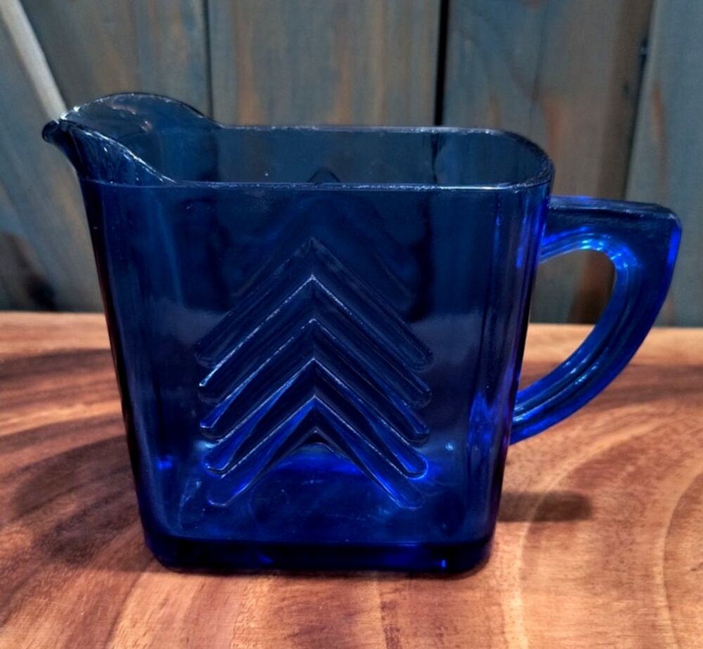 684. Vintage Cobalt Blue Glass Chevron Pattern Pitcher Vase Hazel Atlas